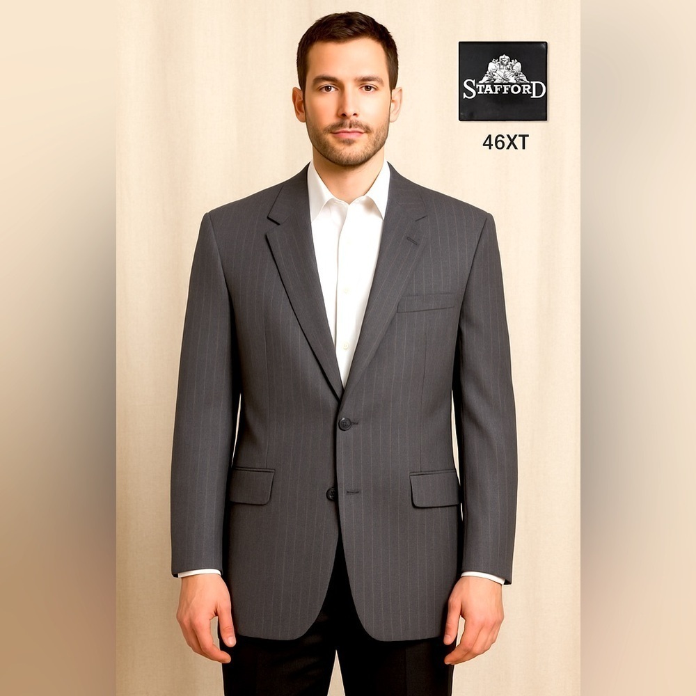 Stafford Men’s Gray Pinstripe Blazer Jacket | Size 46XT | Made in USA